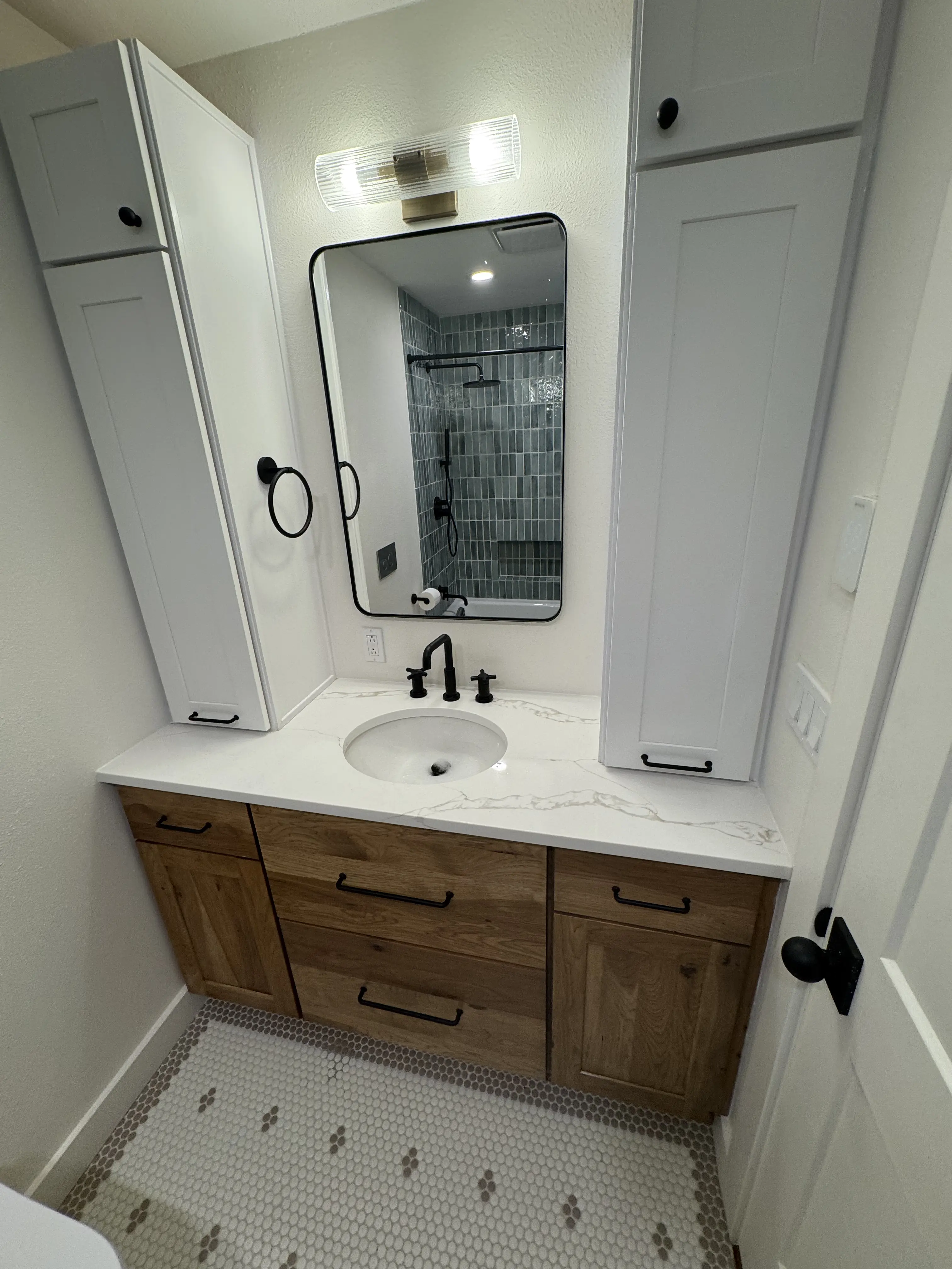 wood vanity black fixtures mirror